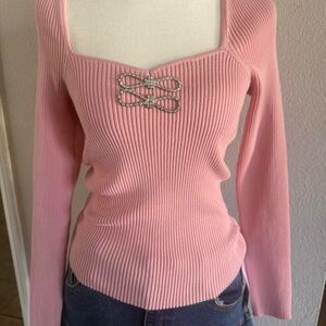 Lea & Viola Pink Ribbed Blouse with Embellishment